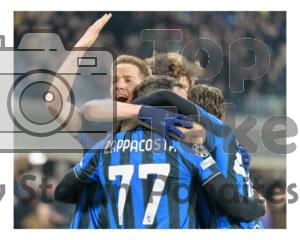Atalanta BC players celebrating a goal during the UEFA Champions League match between Atalanta BC and Borussia Dortmund at the New Balance Arena in Bergamo, Italy, 25 February 2026